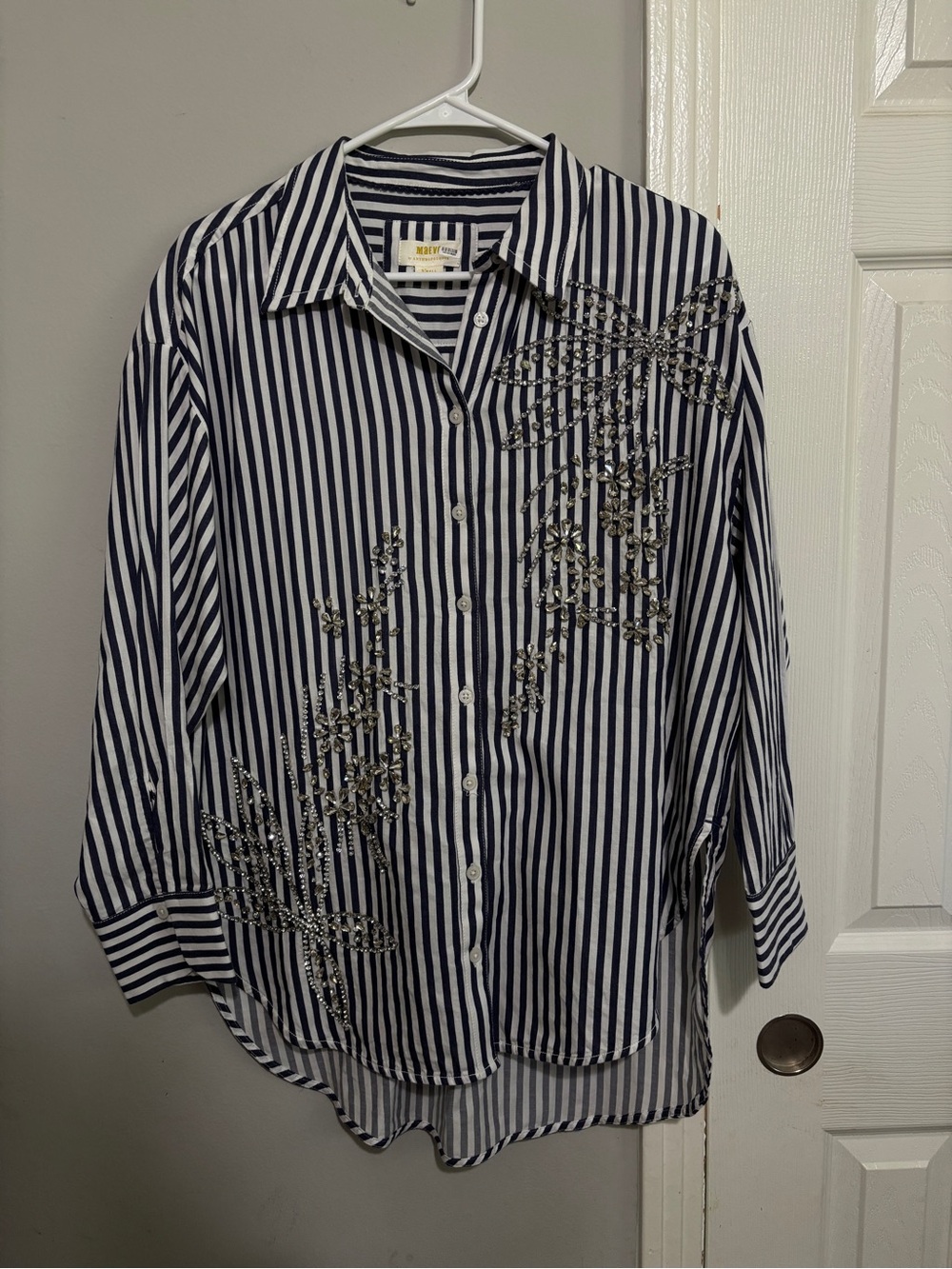 Maeve Striped Navy White Rhinestone Embellished Button Down Small Medium
